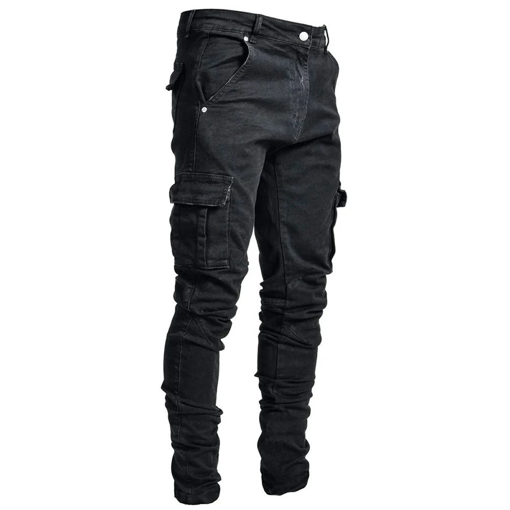 Men's Elastic Denim Cargo Jogger Jeans – Slim Fit Multi-Pocket Street Trousers