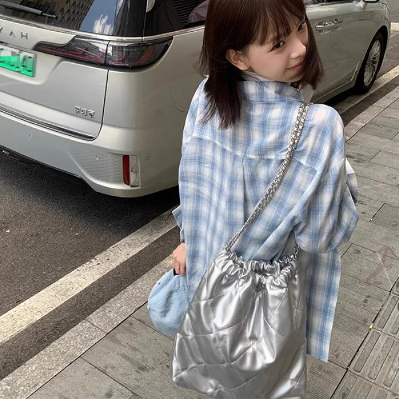 Women's Blue Plaid Cotton Linen Sunscreen Shirt Jacket – Korean Lazy Style Spring Top