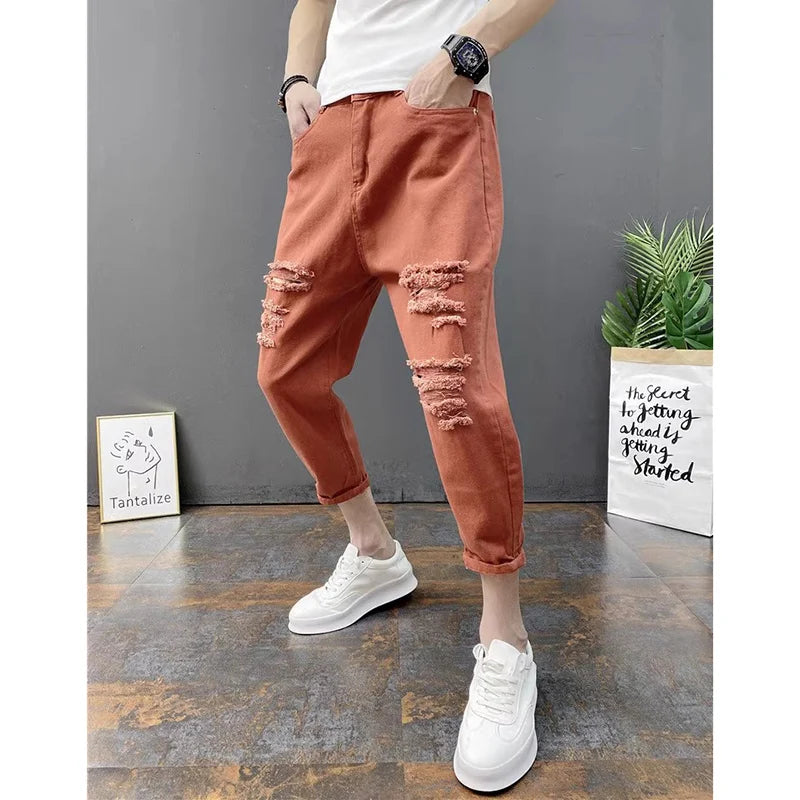 Korean Ankle-Length Distressed Jeans Men White Breathable Slim Fit Ripped Denim Pants Four Season Narrow Leg Harem Male Trousers