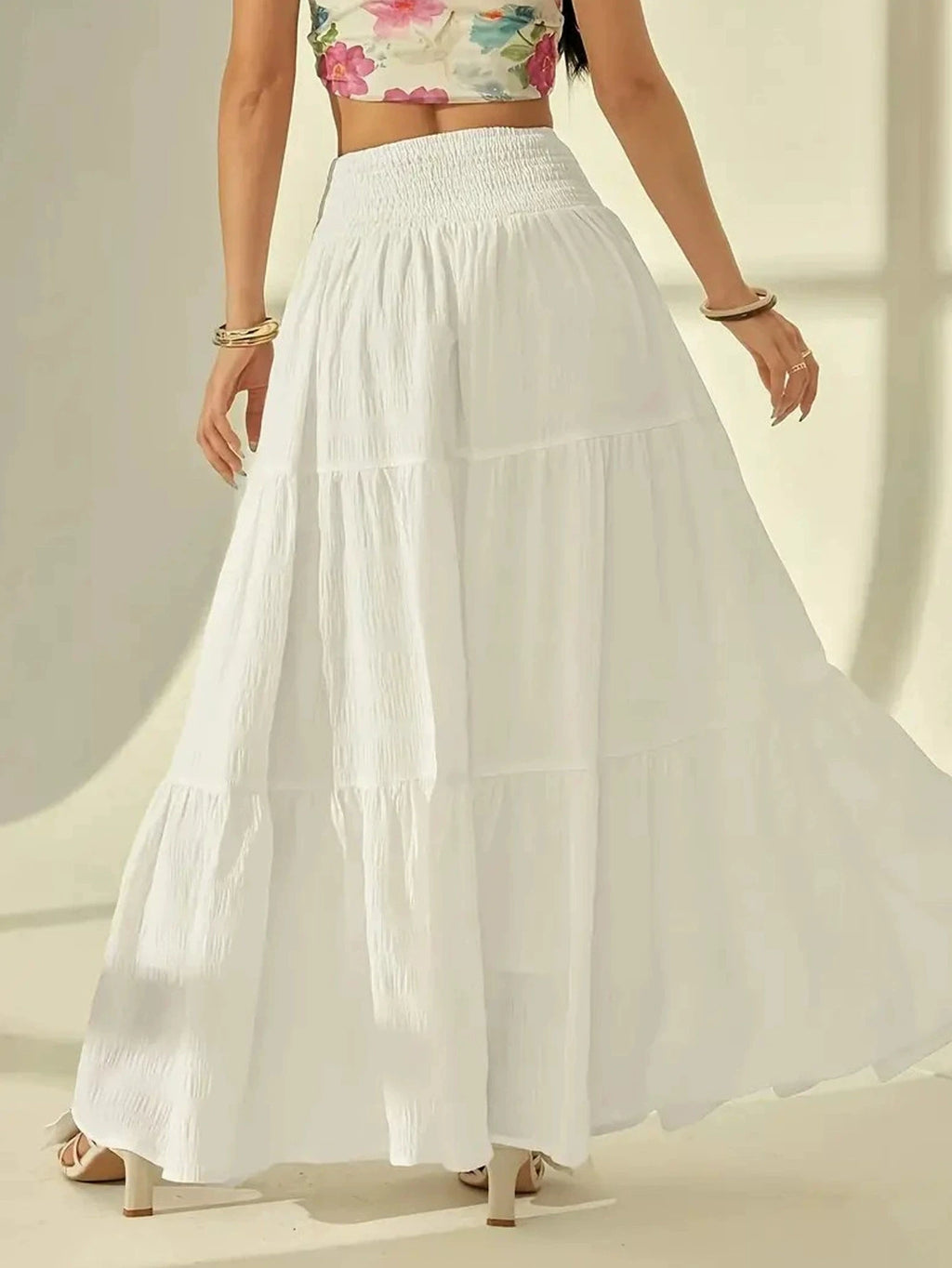 Women's Plus Size Layered Long Skirt – Casual Solid Elastic Waist Holiday Skirt