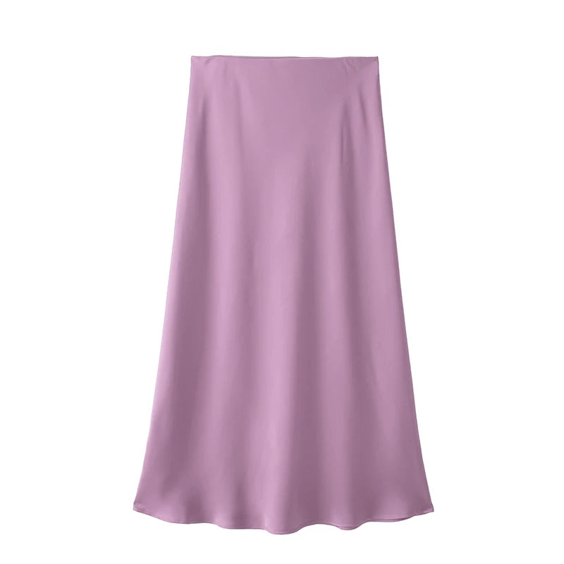 Women's Black Satin High Waist Midi Skirt – Elegant Office Summer Skirt