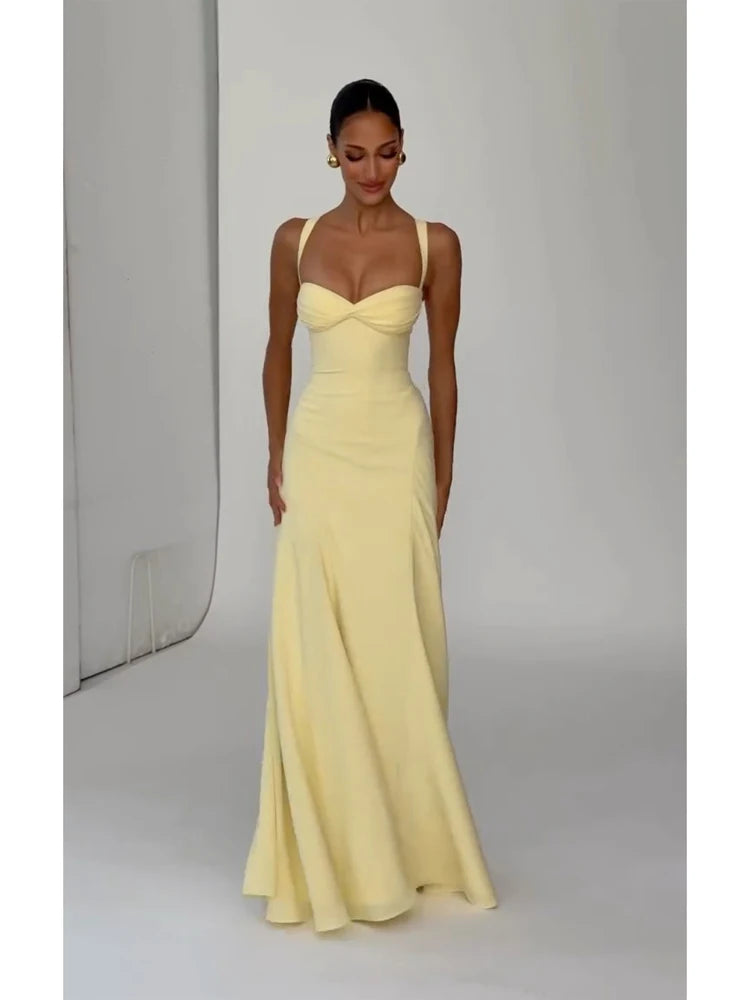Women's Strapless Pleated Maxi Gown with Split – Elegant Yellow Waist Cinching Evening Dress