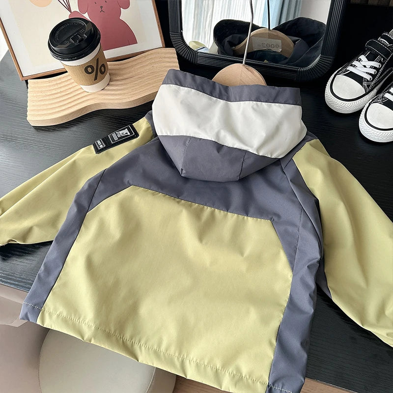 Boys Color Block Hooded Windbreaker Jacket – Fashion Zipper Outerwear