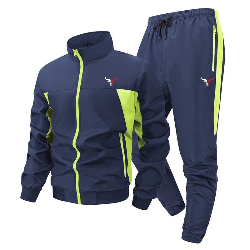 Bull Print Colorblock Sports Set for Men Outdoor Stand Collar Zip Up Jacket Coat Outwear Tops Pants Trousers with Zipper Pockets