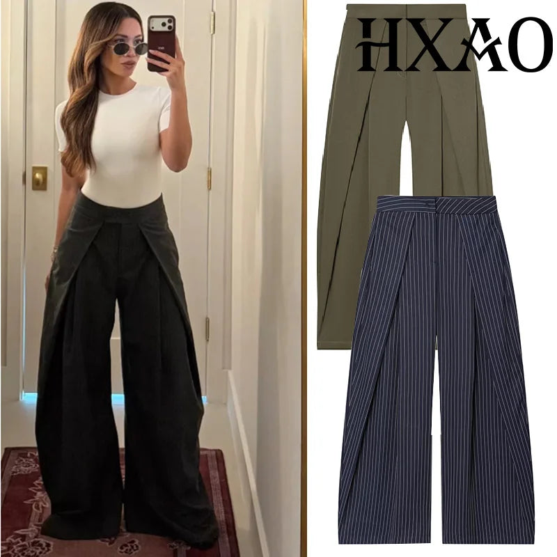 Women's Minimalist Pleated Stripe Wide Leg Suit Pants – Casual Office Oversize Trousers
