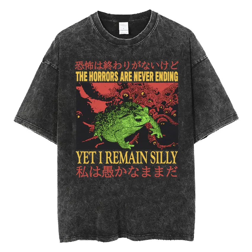 Men's Japanese Frog Retro Washed Oversized T-Shirt – Funny Graphic Streetwear Tee