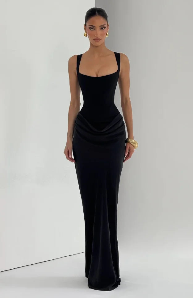 Women's Square Neck Sleeveless Pleated Sling Dress – Off-Shoulder Waist Cinching Evening Gown