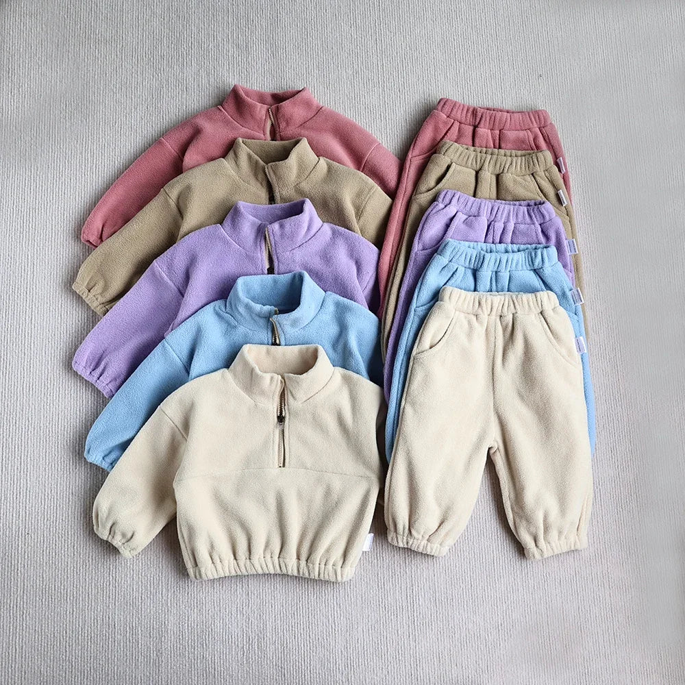 MILANCEL New Autumn Baby Sports Suit Toddler Fleece Solid Color Hoodies Suit Infant Outfit 2PCS