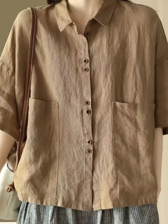 Women's Retro Cotton Linen Short Sleeve Casual Shirt – Loose Korean Fashion Top