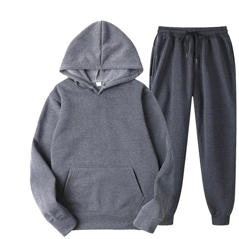 Men Women Tracksuit Hoodies Casual Solid Color Thick Pullover and Long Pant 2-piece Set Men Autumn Fleece Jogger Sports Suit Ne