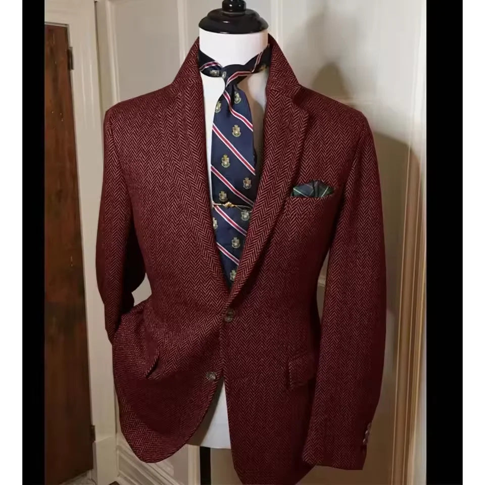 Men's Herringbone Tweed Blazer – Vintage British Slim Fit Wool Blend Suit Jacket