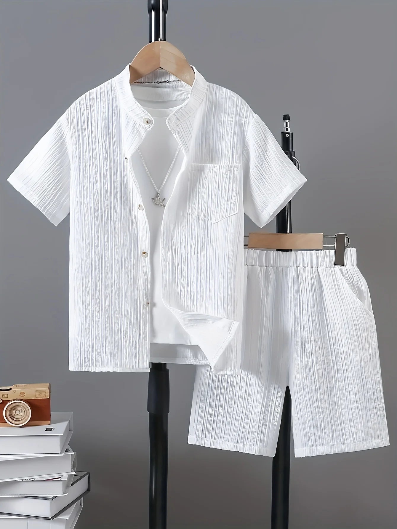 Boys Textured Round Neck Shirt & Shorts Set – Smart Casual Summer Outfit