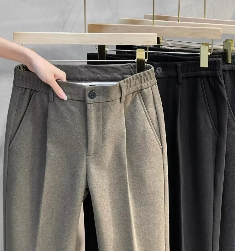 Men's Woolen Casual Pants Autumn Winter Thiened Slim Fit Long Trousers Faionable Korean Sle Nine Points Pants