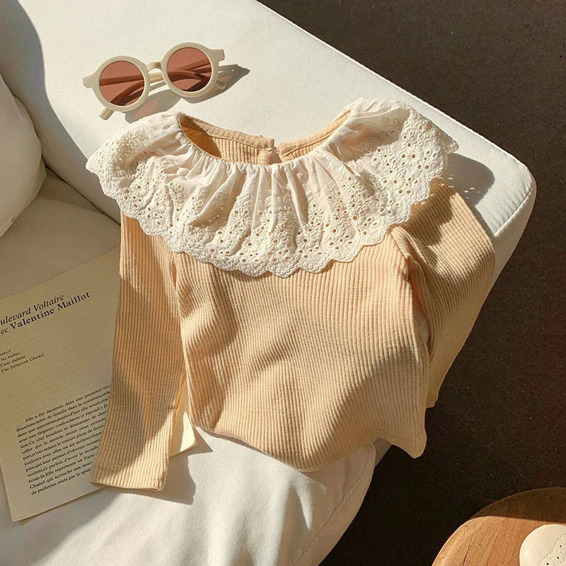 Girls Ruffled Knitwear Long Sleeve Top – Korean Solid Color Autumn Base Shirt