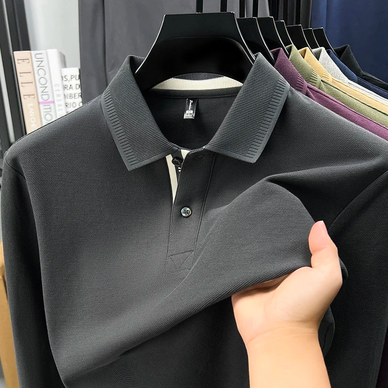 100% cotton luxury polo shirt long sleeve men's classic simple solid color business casual spring autumn comfort premium T-shirt