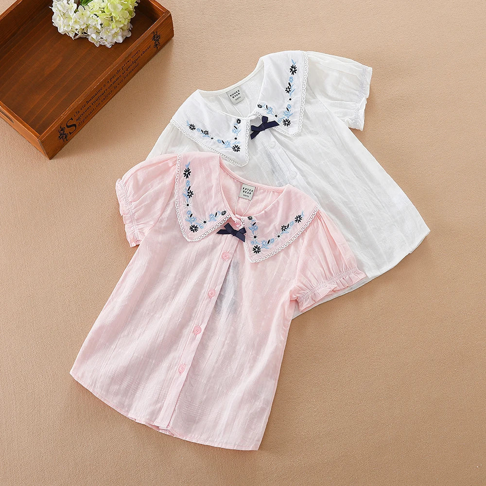 Girls White Lace Short Sleeve Cotton Blouse – Lovely Casual Summer Top