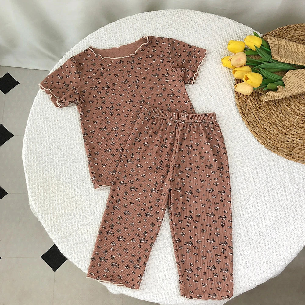 Kids Flower Print T-Shirt & Pants 2-Piece Set – Casual Home Clothes