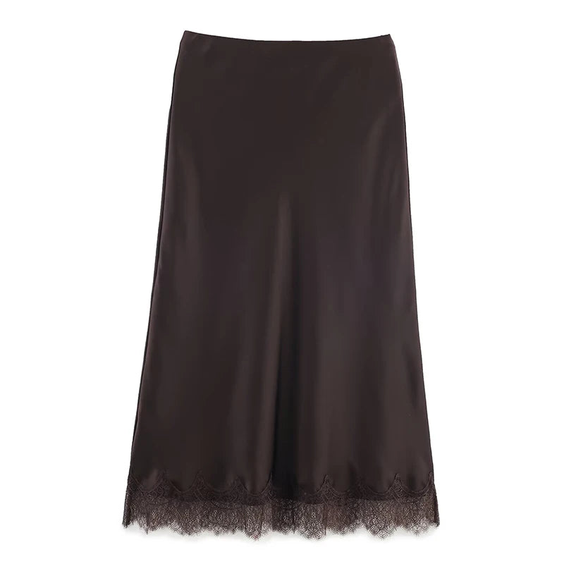 Women's Lace Side Hem Pleated A-Line Midi Skirt – Vintage High Waist Chic Skirt