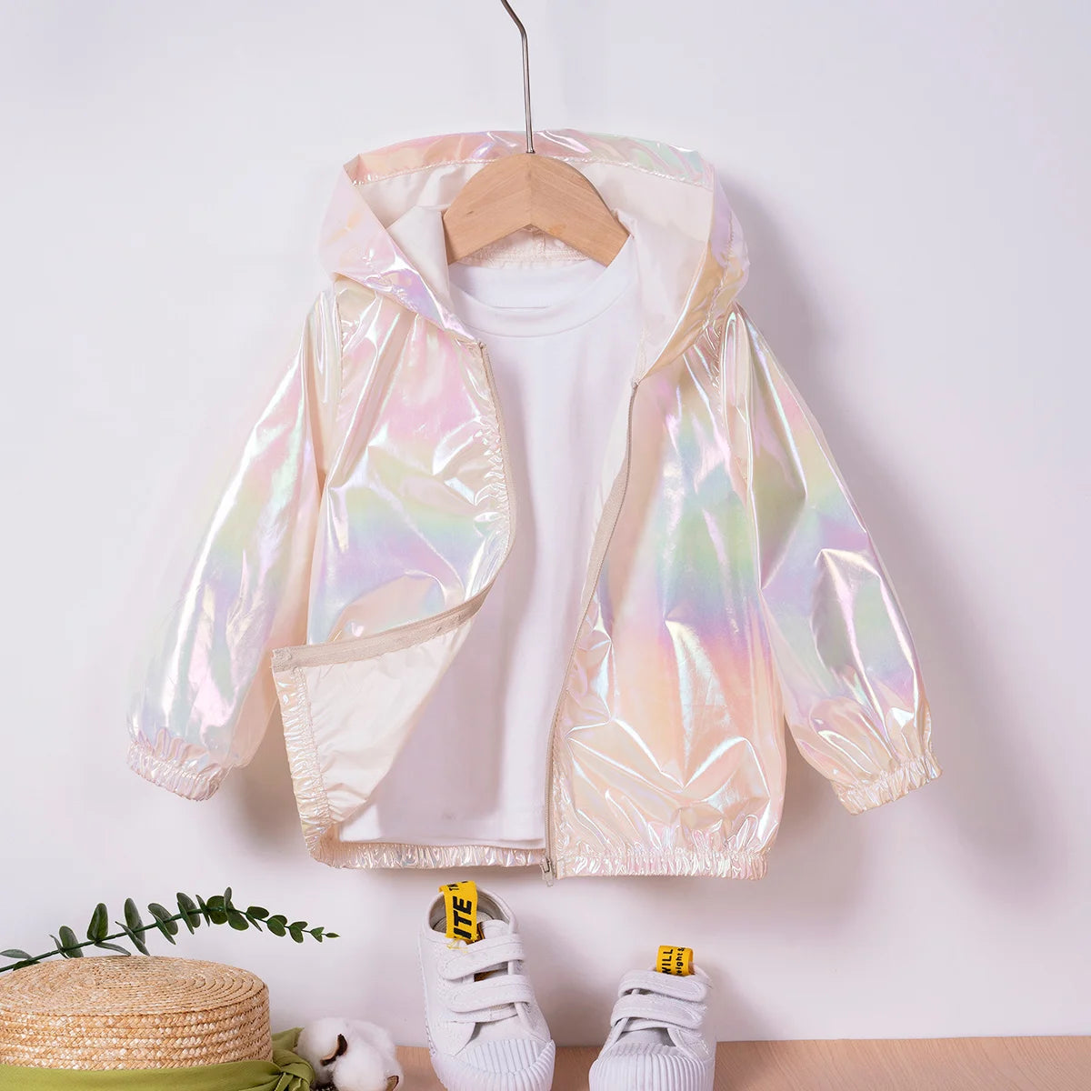 Girls Pearl Color Hooded Zipper Jacket – Fashion Trend Leisure Coat Ages 0–6