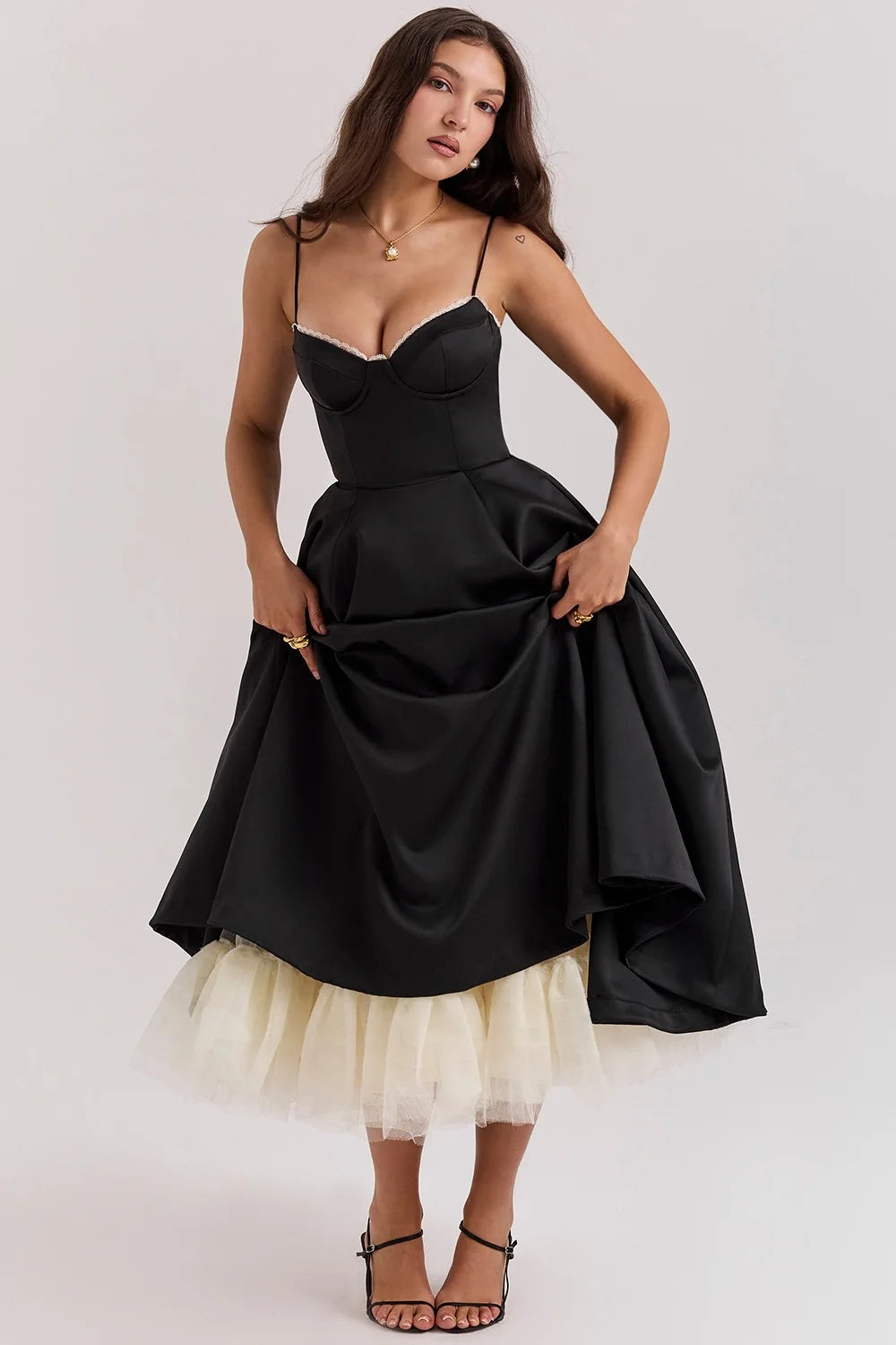 Women's Satin Strapless French Midi Dress – High-End Waist Strap Sexy Elegant Gown