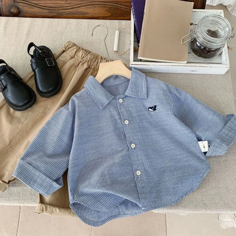Boys Fish Embroidery Striped Cardigan Shirt – Cotton Turn-Down Collar Ages 2–7