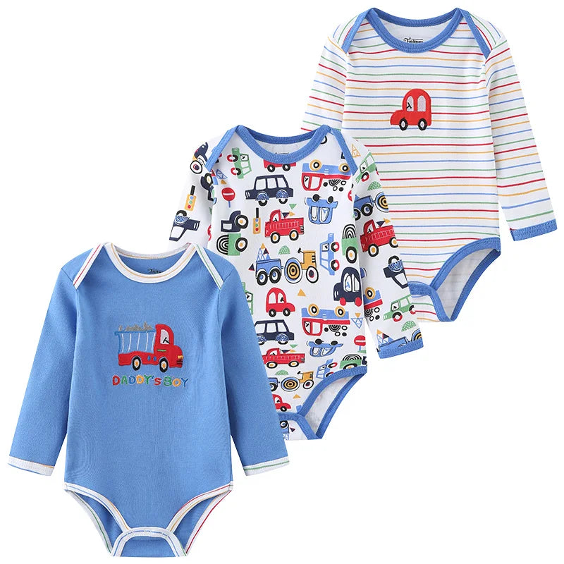 Newborn Cartoon Long Sleeve Bodysuit – 100% Cotton Baby Onesie 3-Pack