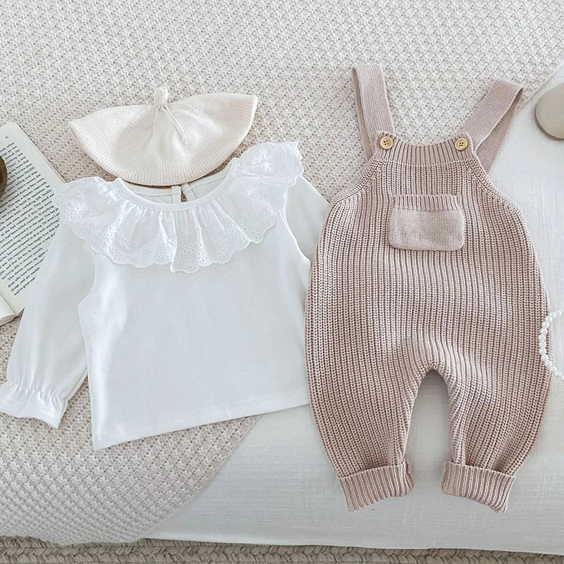 2024 New Autumn Infant Baby Girls Clothing Set Long Sleeved Cotton T-shirt+Sleeveless Knitted Jumpsuit Toddler Baby Clothes Suit