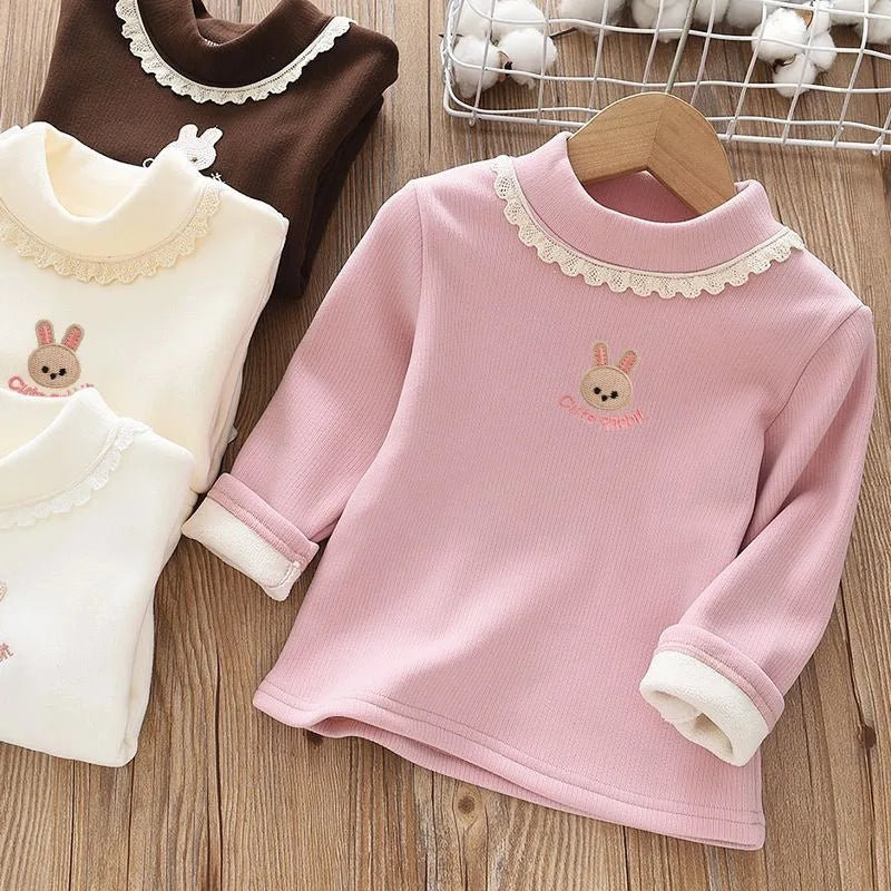 Girls Rabbit Embroidery Velvet Long Sleeve Top – Warm Half-High Collar Base Shirt