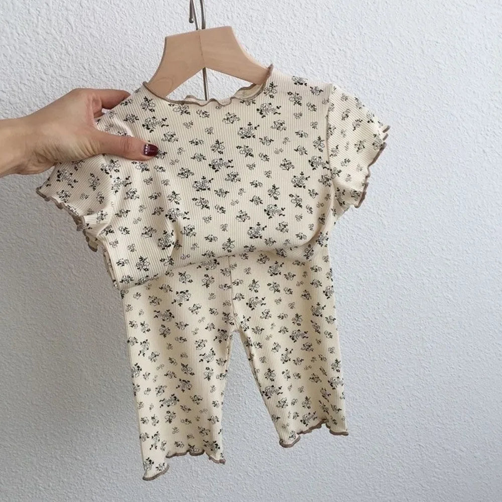 Kids Flower Print T-Shirt & Pants 2-Piece Set – Casual Home Clothes
