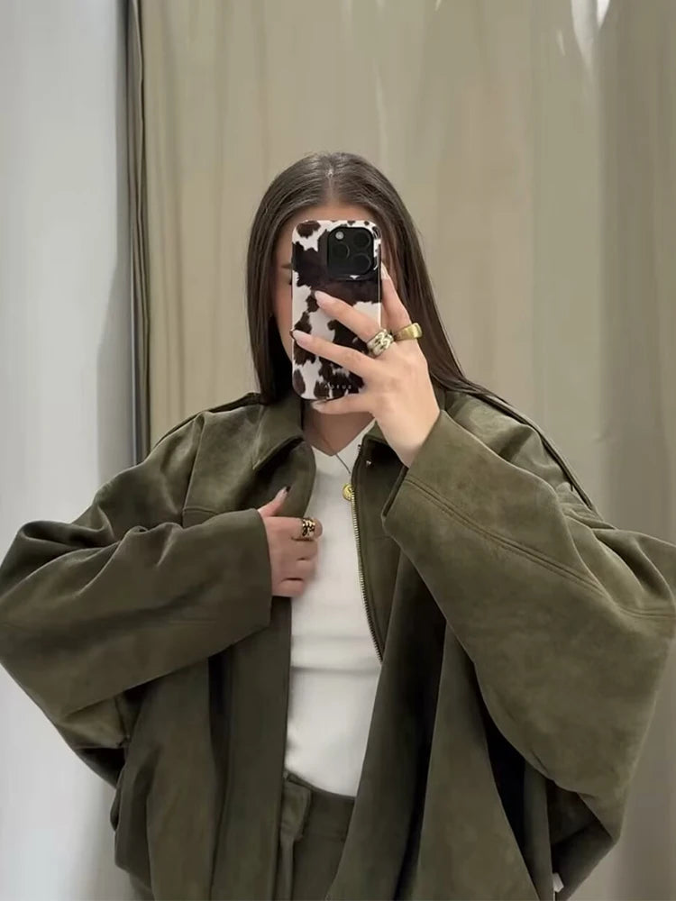 Women's Green Suede Oversize Bomber Jacket – Long Sleeve Zipper Casual Street Coat