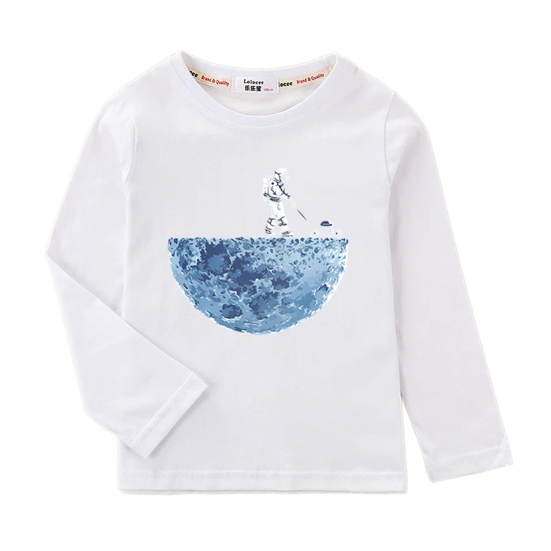 Boys Astronaut Print Long Sleeve T-Shirt – Fun Space Cotton Kids Top