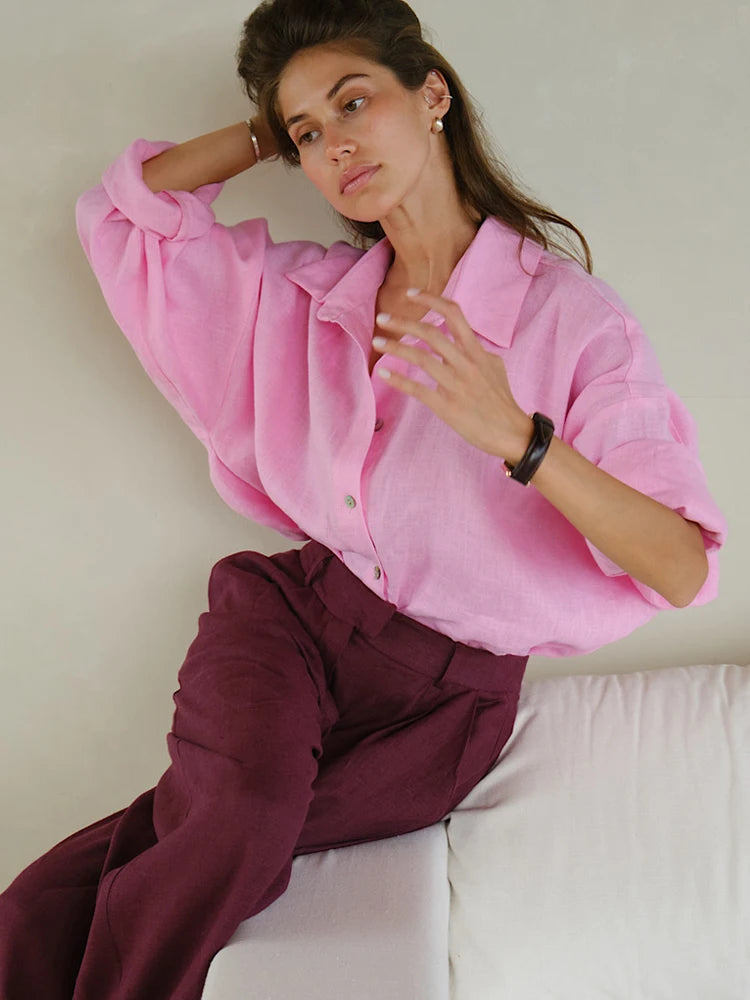 White Women's Linen Shirt Long Sleeve Elegant Pink Oversize Blouse Vintage Spring Basic Top Collar Cotton Linen Shirt for Women