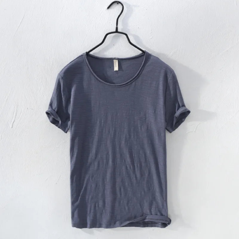 Men's Retro Raw Edge Slim Fit T-Shirt – 100% Cotton Lightweight Casual Top