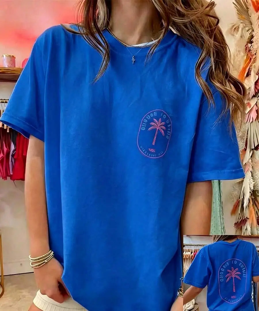 Women's Y2K Coconut Tree Graphic Oversized T-Shirt – Short Sleeve Round Neck Loose Tee