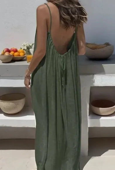 Women's Loose Spaghetti Strap Casual Summer Dress – Solid Color Vacation Homewear