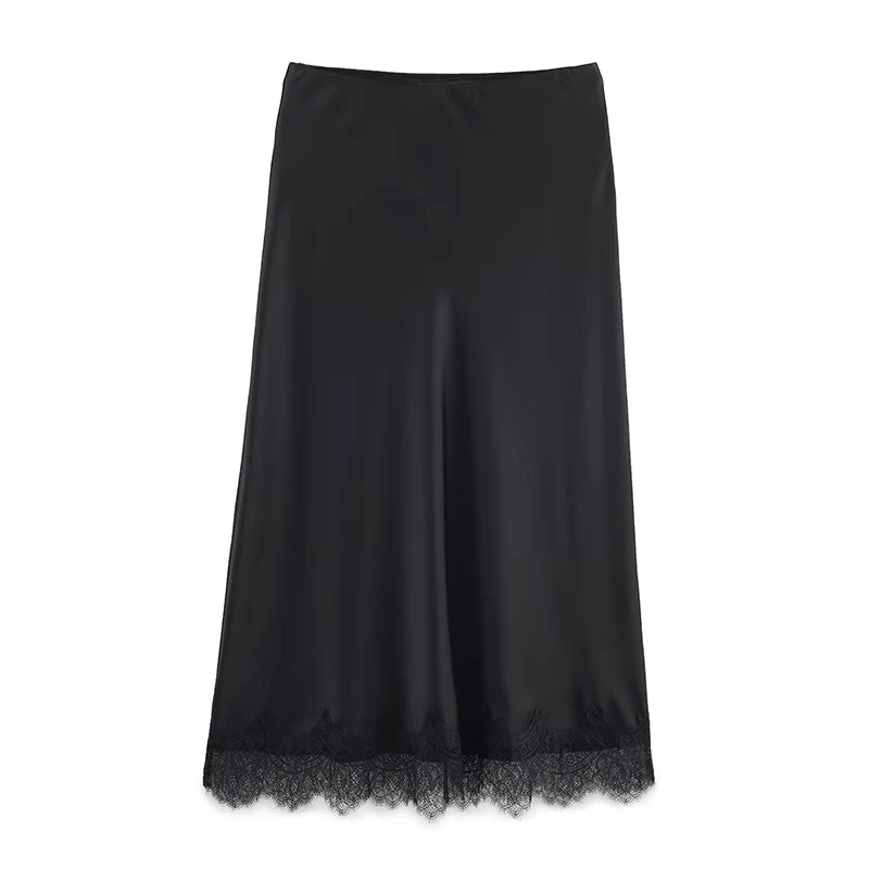 Women's Lace Side Hem Pleated A-Line Midi Skirt – Vintage High Waist Chic Skirt