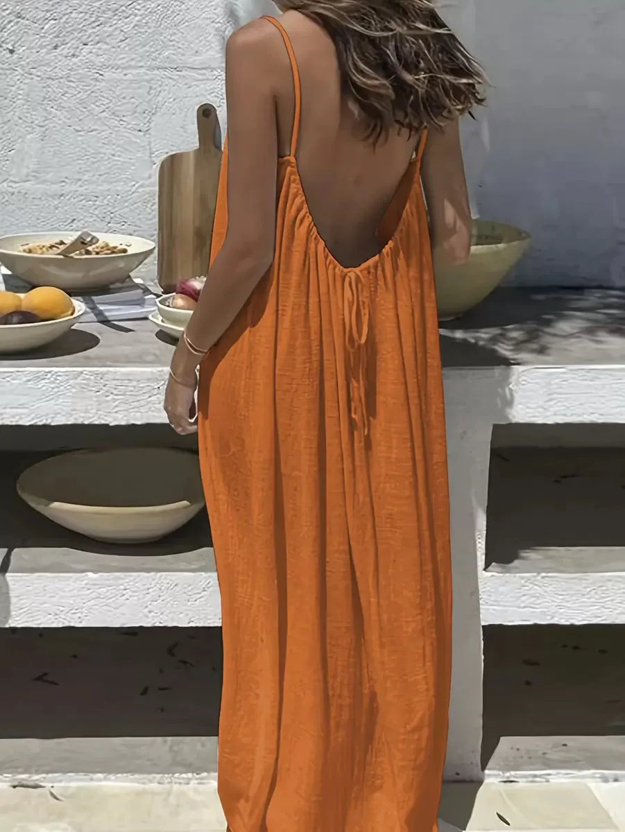 Women's Loose Spaghetti Strap Casual Summer Dress – Solid Color Vacation Homewear