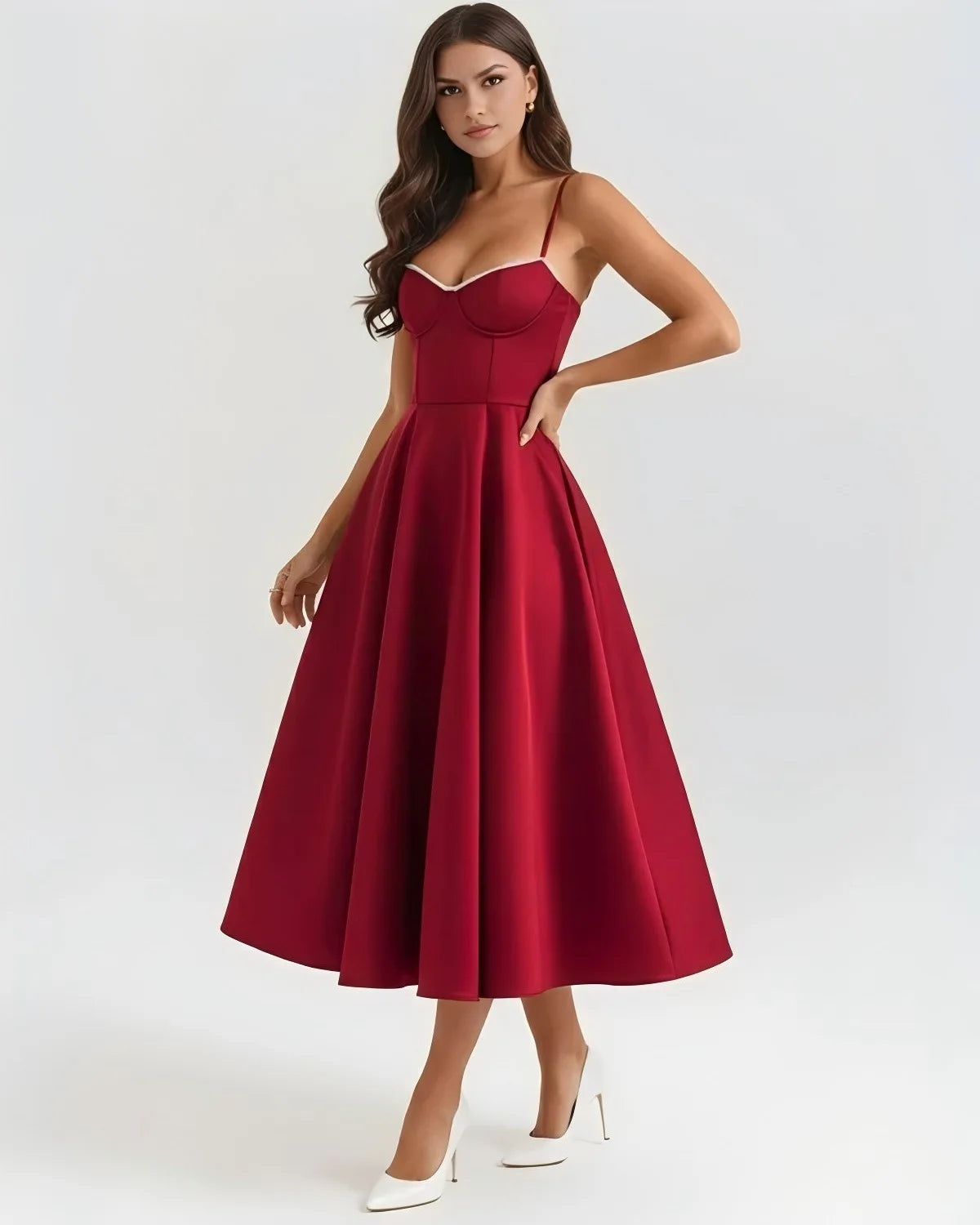 Women's Satin Strapless French Midi Dress – High-End Waist Strap Sexy Elegant Gown