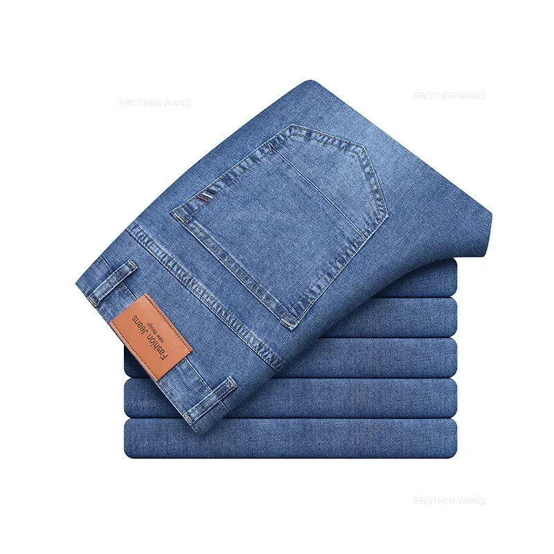 Summer Brand Men's Fit Straight Lightweight Cotton Stretch Jeans Business Casual High Waist Thin Light Grey Jeans mens pants