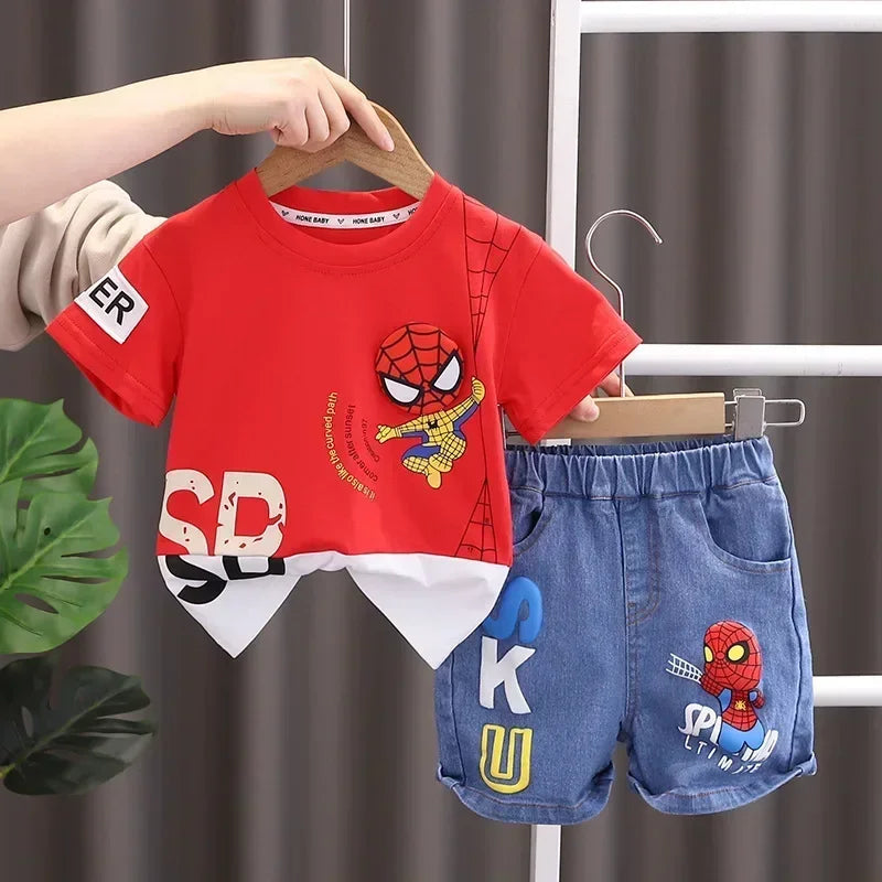 Boys Spiderman Short Sleeve T-Shirt & Jeans Set – Fashion 2-Piece Summer Outfit