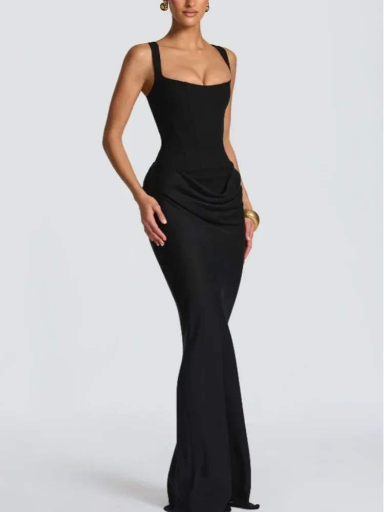 Solid Pleated Sling Dress Square Neck Sleeveless Off-shoulder Waist Cinching Slim Women Dresses Fashion Evening Party Gown 2025