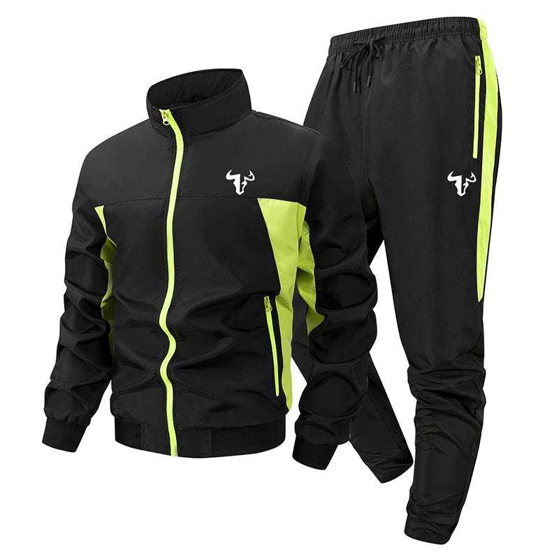 Bull Print Colorblock Sports Set for Men Outdoor Stand Collar Zip Up Jacket Coat Outwear Tops Pants Trousers with Zipper Pockets