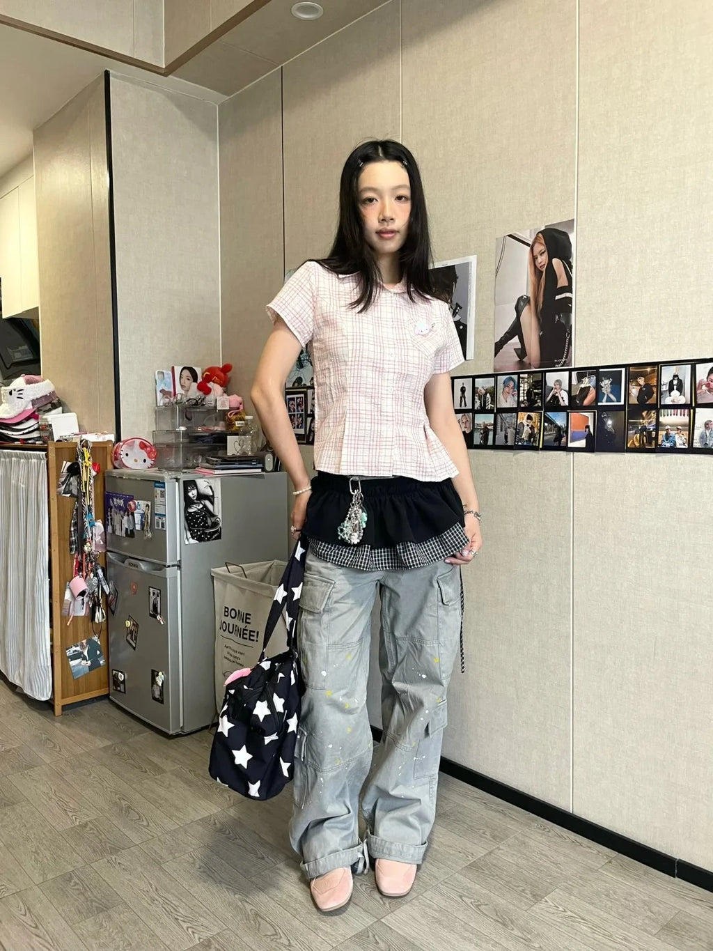 Genayooa Y2k Japanese Plaid Shirt Women Short Sleeve Pocket Slim 2000s Aesthetic Crop Tops Summer Vintage Blouse And Shirt Retro