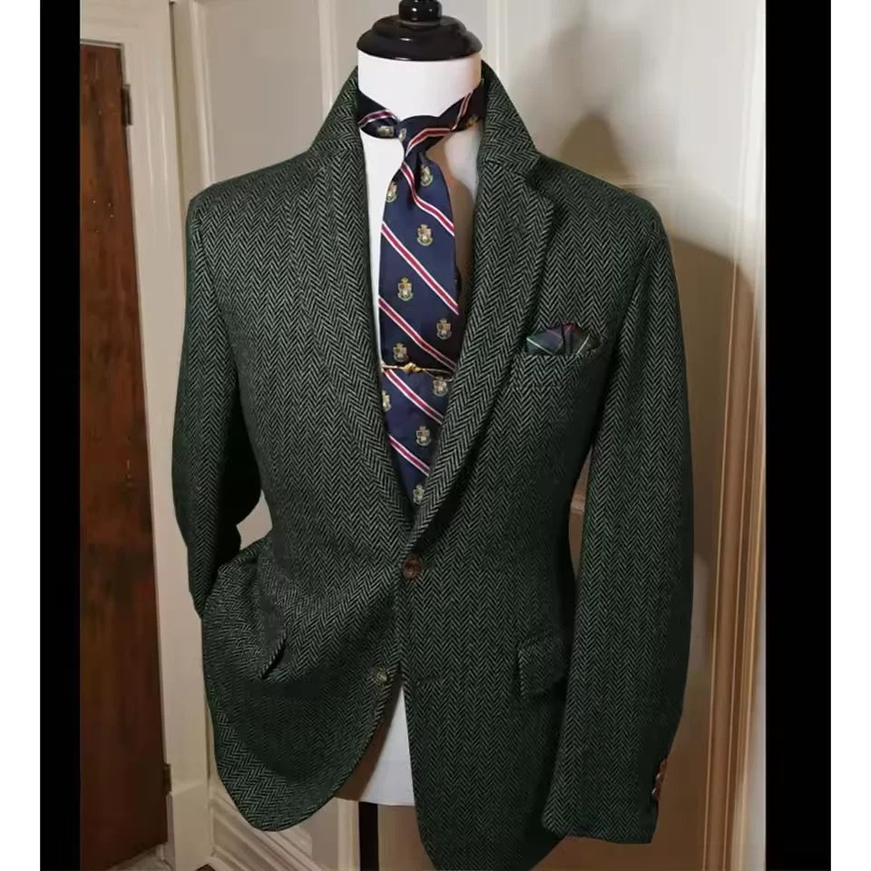 Men's Herringbone Tweed Blazer – Vintage British Slim Fit Wool Blend Suit Jacket