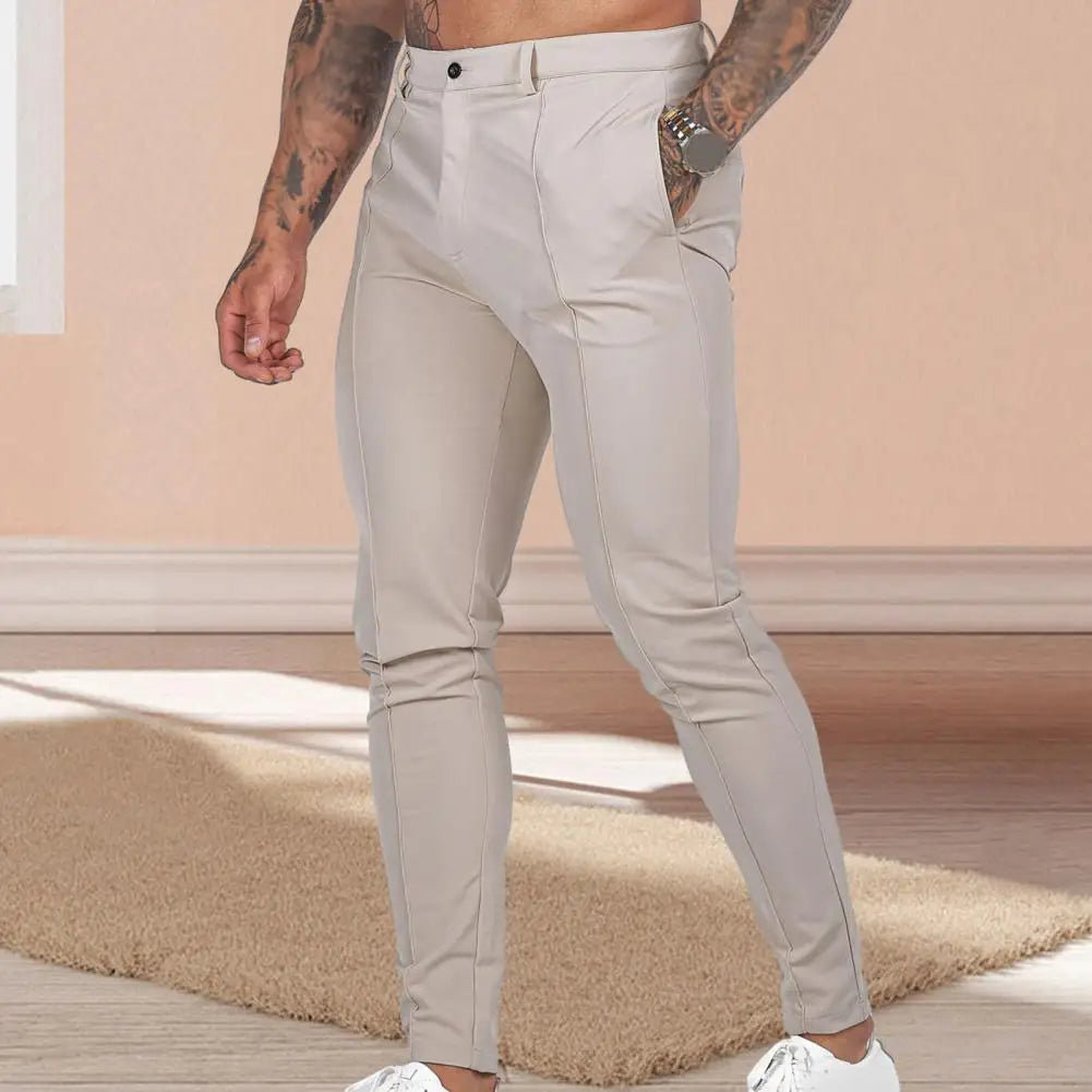 Men Pants Stylish Men's Slim Fit Business Trousers Breathable Soft Thin Fabric with Ankle Length Slant Pockets Button-zipper