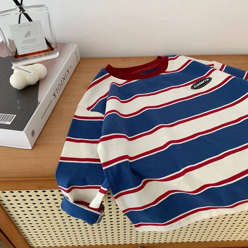 Kids Striped Cotton Long Sleeve Hoodie Top – Casual Base Shirt Ages 2–7