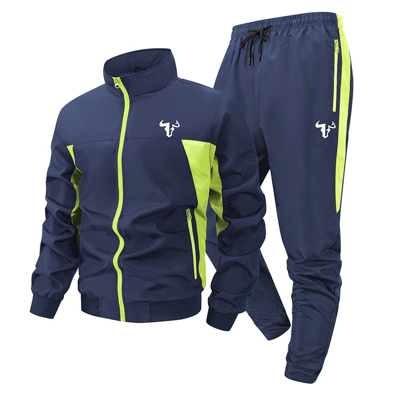 Bull Print Colorblock Sports Set for Men Outdoor Stand Collar Zip Up Jacket Coat Outwear Tops Pants Trousers with Zipper Pockets