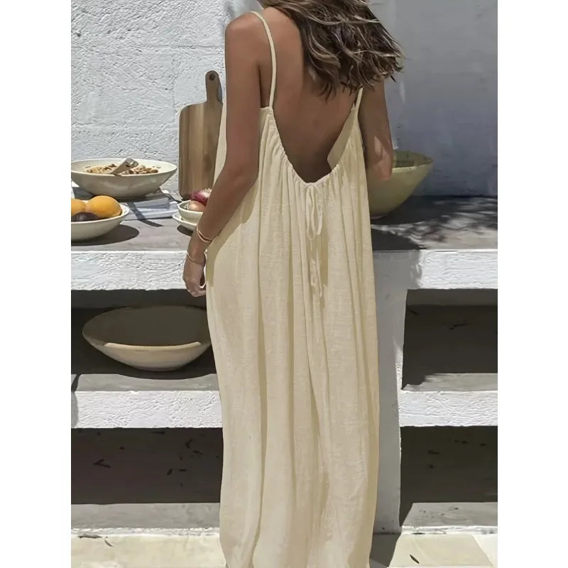 Women's Loose Spaghetti Strap Casual Summer Dress – Solid Color Vacation Homewear