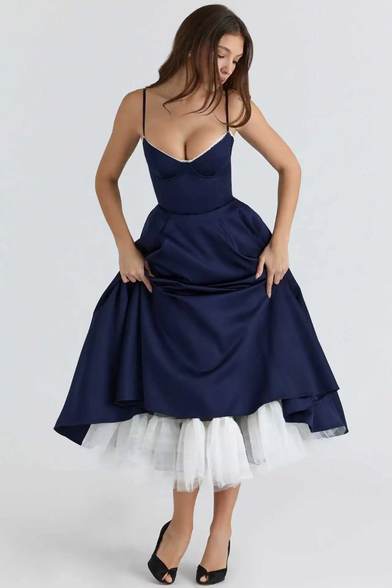 Women's Satin Strapless French Midi Dress – High-End Waist Strap Sexy Elegant Gown