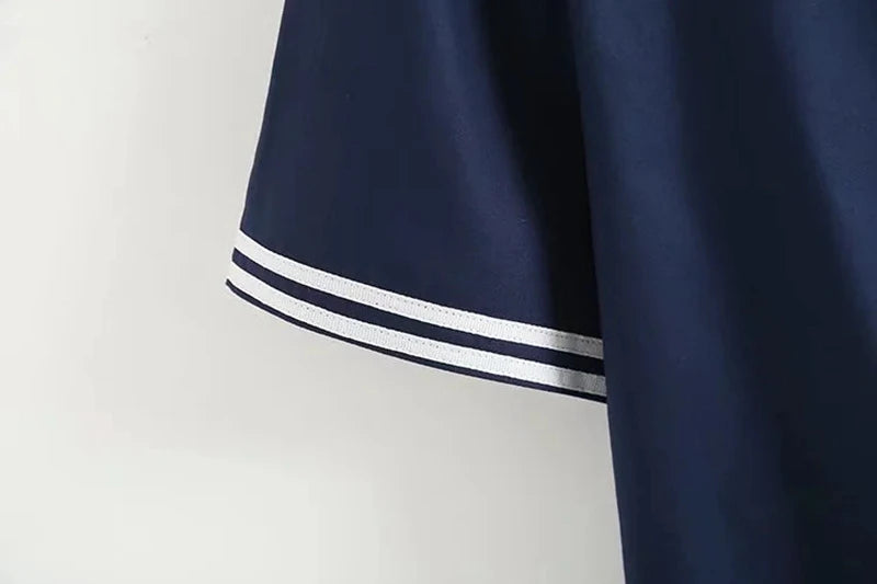 Women's Navy Sailor Collar Patchwork Blouse – Short Sleeve Pullover Summer Top